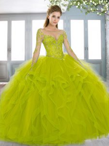 Charming Olive Green Tulle Lace Up Scoop Long Sleeves Quinceanera Dresses Sweep Train Beading and Ruffles