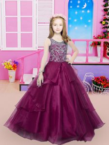 Fuchsia A-line Organza Scoop Sleeveless Beading Lace Up Girls Pageant Dresses Sweep Train