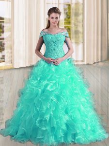 Delicate Lace Up Quinceanera Gowns Turquoise for Military Ball and Sweet 16 and Quinceanera with Beading and Lace and Ru