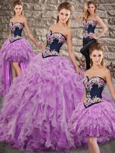 Lilac Ball Gowns Sweetheart Sleeveless Organza Sweep Train Lace Up Embroidery and Ruffles Ball Gown Prom Dress