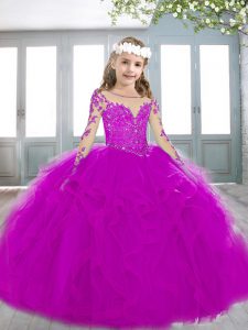 Tulle Long Sleeves Little Girl Pageant Dress Sweep Train and Beading and Appliques and Ruffles