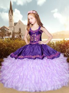 Super Floor Length Purple Pageant Dress Straps Sleeveless Lace Up