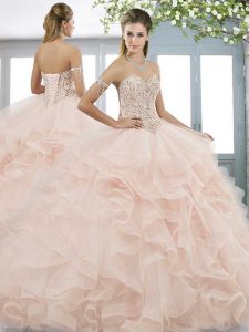 Tulle Sweetheart Sleeveless Lace Up Beading and Ruffles Sweet 16 Quinceanera Dress in Pink