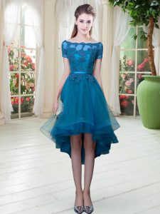 Stunning Teal Short Sleeves Tulle Lace Up Evening Dress for Prom and Party