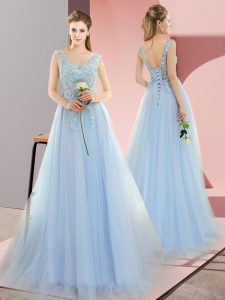 Chic Blue Empire V-neck Sleeveless Tulle Sweep Train Lace Up Beading Prom Evening Gown