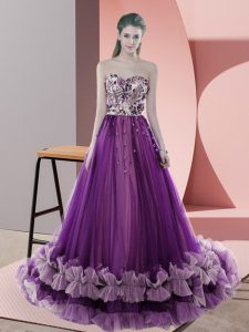 Fine Appliques Prom Dress Purple Lace Up Sleeveless Sweep Train