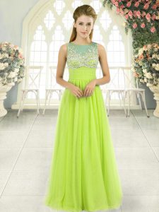 Fantastic Sleeveless Tulle Floor Length Side Zipper Prom Dresses in Yellow Green with Beading