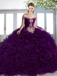 Purple Lace Up Off The Shoulder Beading and Appliques and Ruffles Vestidos de Quinceanera Organza Sleeveless Court Train