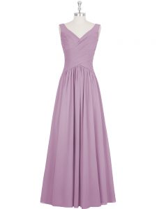 A-line Prom Dress Purple V-neck Chiffon Sleeveless Floor Length Zipper