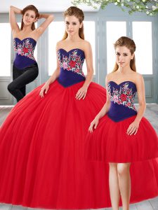 Red Tulle Lace Up Sweetheart Sleeveless Floor Length Sweet 16 Dresses Embroidery
