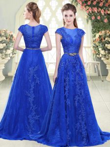 Sweep Train A-line Prom Party Dress Blue Scoop Tulle Cap Sleeves Zipper