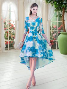Glorious Blue And White Half Sleeves High Low Belt Lace Up Prom Gown