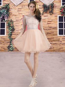 New Style Champagne A-line Scoop 3 4 Length Sleeve Tulle Mini Length Lace Up Beading Wedding Party Dress