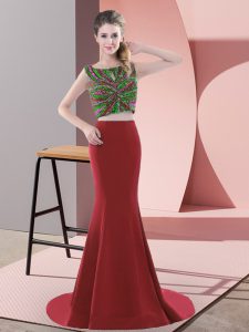 Top Selling Sleeveless Beading Backless Prom Party Dress with Red Sweep Train