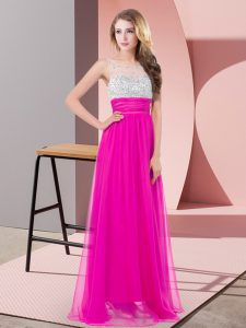Romantic Fuchsia Empire Chiffon Scoop Sleeveless Sequins Floor Length Side Zipper Dress for Prom