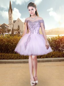 Mini Length Lavender Evening Dress Off The Shoulder Short Sleeves Lace Up