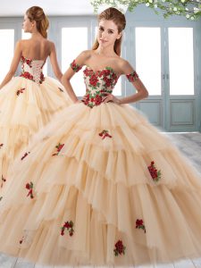 Sleeveless Tulle Sweep Train Lace Up Sweet 16 Dresses in Champagne with Appliques and Ruffled Layers