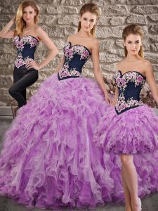 Lilac Ball Gowns Sweetheart Sleeveless Organza Sweep Train Lace Up Embroidery and Ruffles Quinceanera Dress