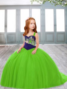 Lace Up Straps Embroidery Little Girl Pageant Dress Tulle Sleeveless Sweep Train