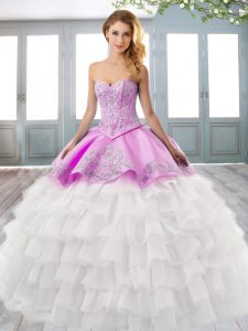 Chic Sweetheart Sleeveless Court Train Lace Up Quince Ball Gowns Pink And White Satin and Organza