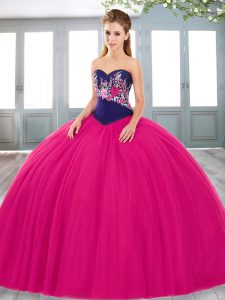 Best Selling Sleeveless Tulle Floor Length Lace Up Quinceanera Dress in Fuchsia with Embroidery