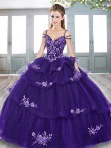 Purple Spaghetti Straps Lace Up Embroidery Quinceanera Gown Sleeveless