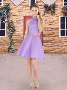Elegant Lavender A-line Beading Bridesmaid Dress Zipper Satin Sleeveless Mini Length