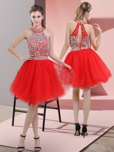 Red Organza Backless Halter Top Sleeveless Knee Length Prom Dresses Beading