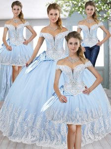 Shining Tulle Off The Shoulder Sleeveless Lace Up Beading and Appliques and Bowknot Quince Ball Gowns in Baby Blue
