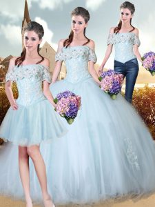 Great Tulle Off The Shoulder Sleeveless Lace Up Beading and Lace and Appliques Quinceanera Dresses in Light Blue