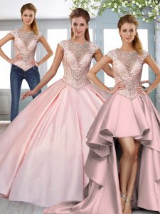 Elegant Pink Satin Lace Up Scoop Cap Sleeves Quinceanera Gowns Sweep Train Beading