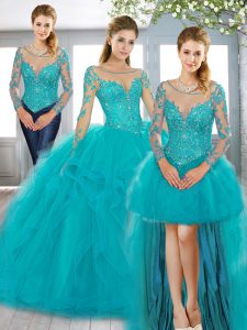 Teal Scoop Neckline Beading Quinceanera Gown Long Sleeves Lace Up