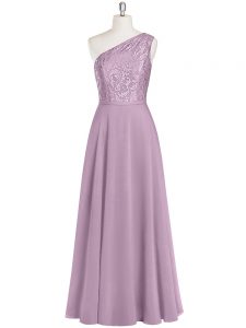 Chiffon One Shoulder Sleeveless Zipper Lace Prom Party Dress in Purple