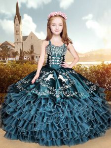 Perfect Ball Gowns High School Pageant Dress Navy Blue Straps Organza Sleeveless Floor Length Lace Up