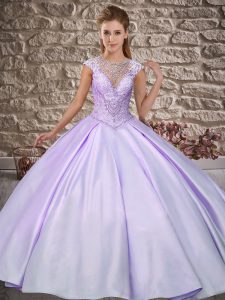 Beauteous Lilac Ball Gowns Beading Quinceanera Gown Lace Up Satin Cap Sleeves