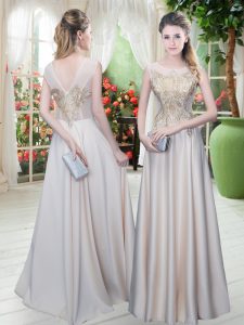 Floor Length Zipper Prom Evening Gown Champagne for Prom and Party with Appliques