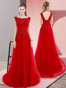 Popular Red Bateau Neckline Beading and Appliques Prom Evening Gown Sleeveless Lace Up