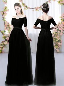 Sweet Black Lace Up Wedding Guest Dresses Ruching Short Sleeves Floor Length