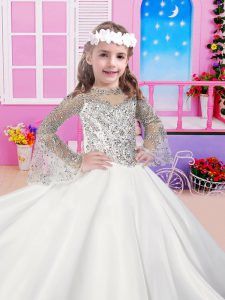 White Lace Up Scoop Beading Kids Pageant Dress Satin Long Sleeves Sweep Train