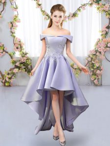 Off The Shoulder Sleeveless Bridesmaid Dresses High Low Appliques Lavender Satin