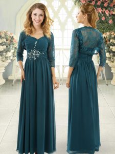 Exquisite Sweetheart Short Sleeves Sweep Train Zipper Prom Dresses Teal Chiffon