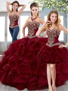Romantic Burgundy Sleeveless Beading and Embroidery and Ruffles Floor Length Sweet 16 Dresses