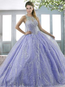 Super Lavender Ball Gowns Tulle Scoop Sleeveless Beading Lace Up Sweet 16 Quinceanera Dress Sweep Train