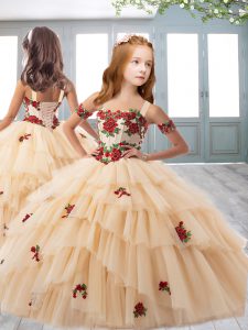Customized Champagne Sleeveless Tulle Lace Up Little Girls Pageant Dress for Party and Wedding Party