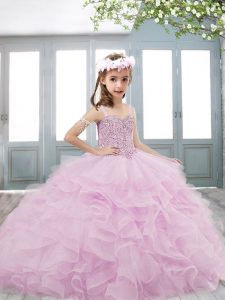 Excellent Floor Length Lace Up Little Girls Pageant Dress Pink for Sweet 16 with Beading and Ruffles