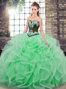 Apple Green Ball Gowns Tulle Sweetheart Sleeveless Embroidery and Ruffles Lace Up 15th Birthday Dress Sweep Train