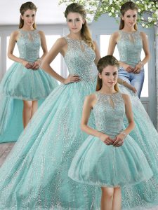 Perfect Sleeveless Beading Lace Up Quinceanera Gowns with Apple Green Sweep Train