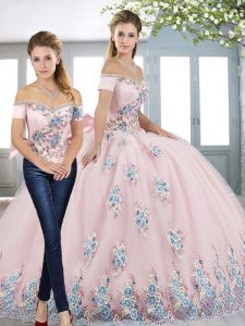 Discount Off The Shoulder Short Sleeves Tulle Quince Ball Gowns Beading and Appliques and Bowknot Lace Up