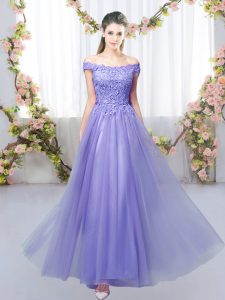 Pretty Floor Length Lace Up Vestidos de Damas Lavender for Prom and Party and Wedding Party with Lace