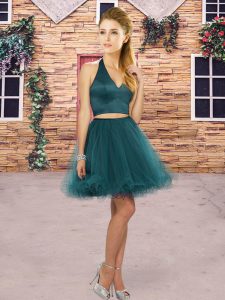 Amazing Teal Two Pieces Tulle Halter Top Sleeveless Ruching Mini Length Zipper Dama Dress for Quinceanera